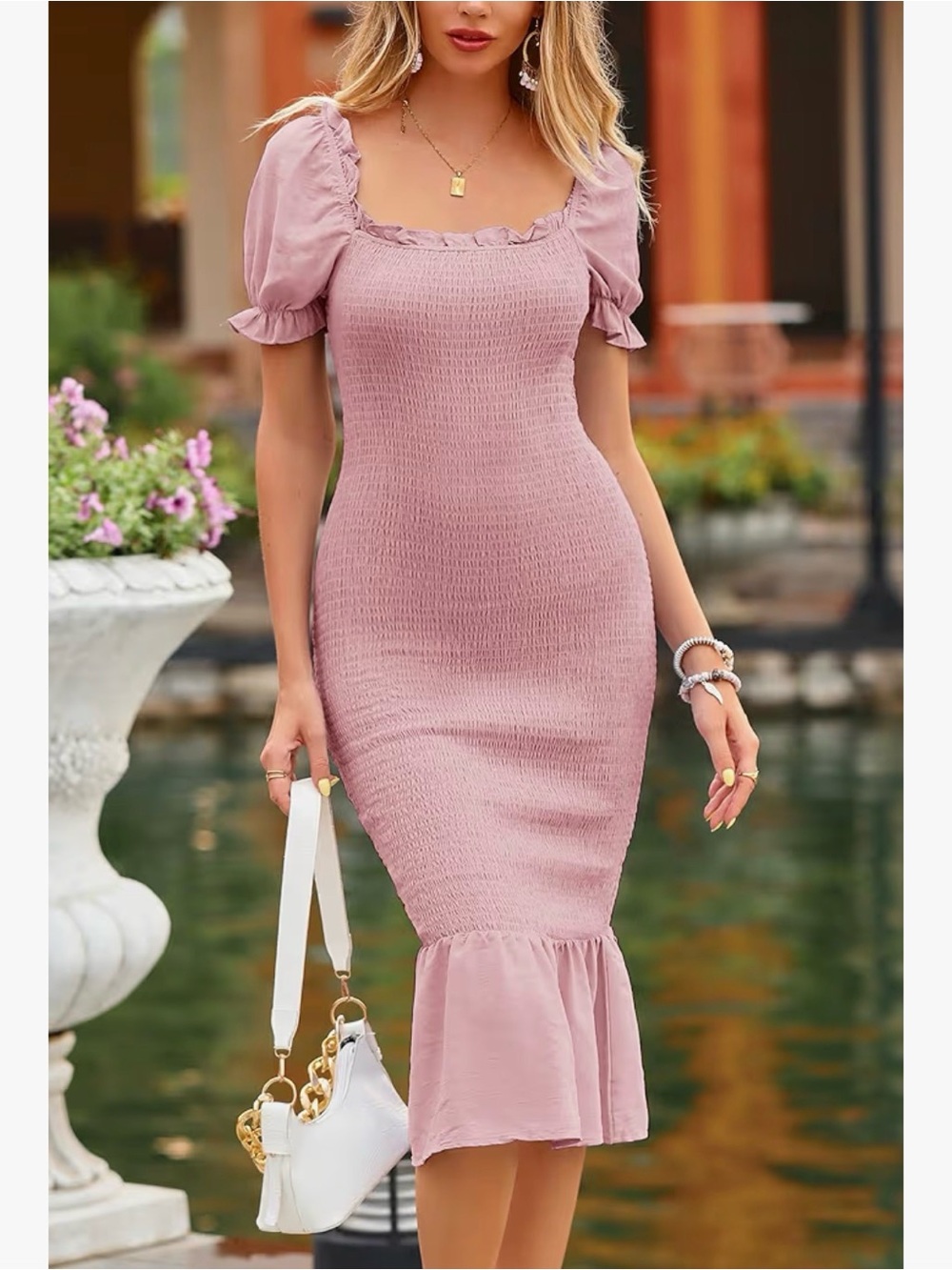 PRETTYGARDEN Women's Summer Smocked Puff Sleeve Mermaid Cocktail Dress Size L